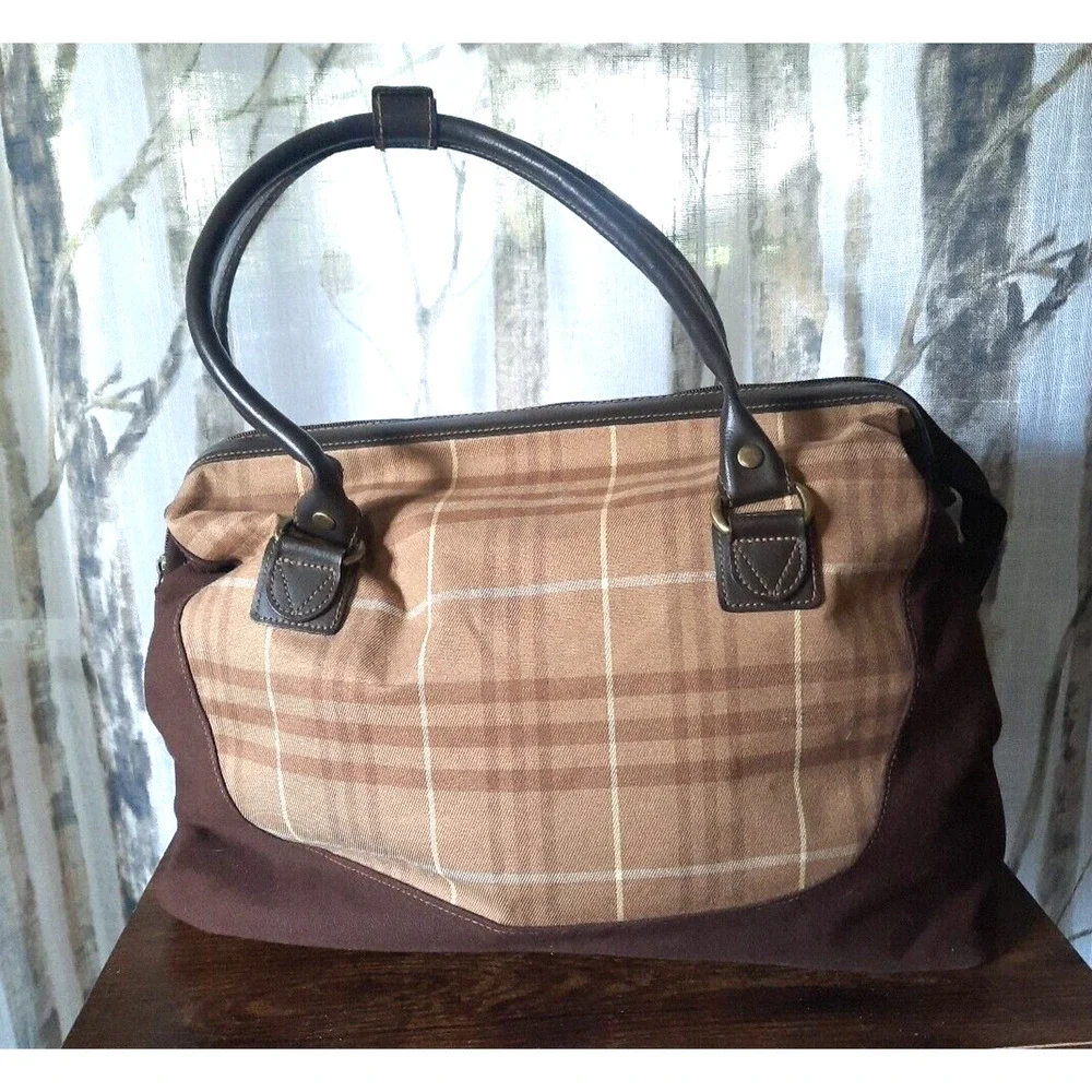 Eddie Bauer Brown Plaid Canvas and Dark Brown Leather Top-Handle Bag
